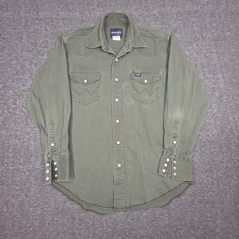 Wrangler Western Shirt Mens Medium Green Twill Pearl Snap Cowboy Rodeo Workwear